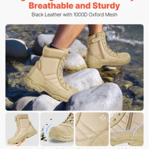 VEVOR Men's Military Tactical Boots, 203 mm Combat Hiking Work Boots, Lightweight & Breathable Side Zipper Motorcycle Interceptor Trooper Boot, for Outdoor Security, UK Size 10 Sand-colored